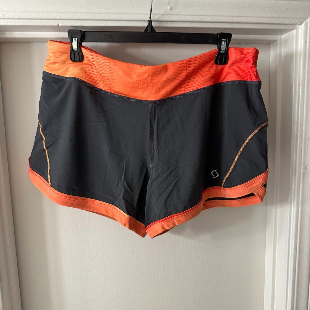 Moving Comfort Gray & Orange Stretch Run Shorts With Liner and 2 Pockets